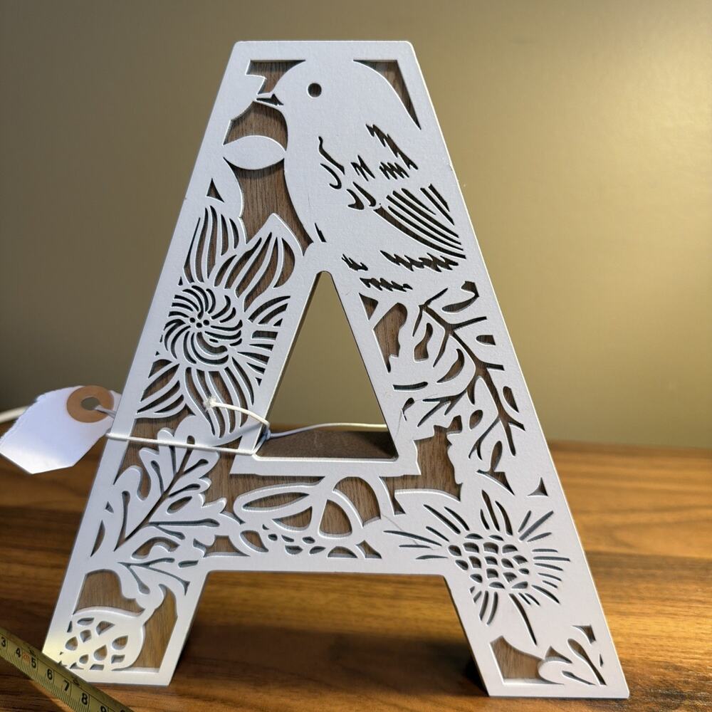 Decoatuve Wood Wall Letter A Hanging Decor White Floral Bird, Brown Back